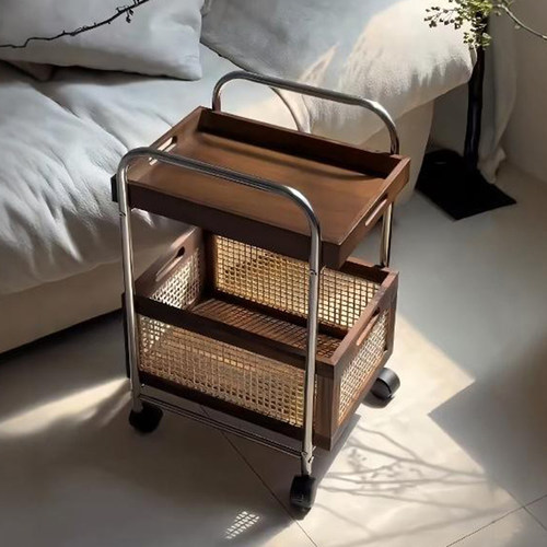 中古小推车可移动边几零食置物架带轮茶几复古藤编储物收纳架实木