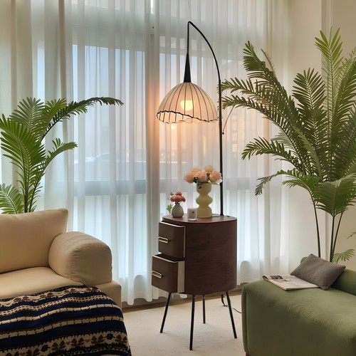 落地灯床头柜一体台灯卧室中古风收纳柜子小众设计感客厅沙发边几