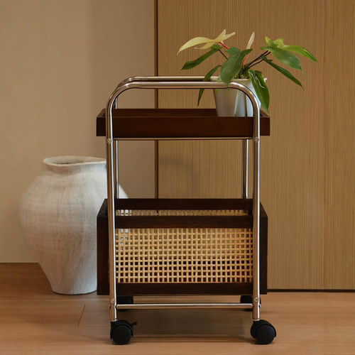 复古小推车零食置物架沙发边几可移动中古风客厅茶几收纳储物架子