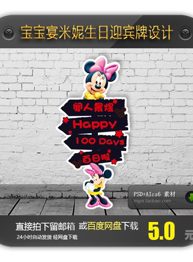 米妮红黑色卡通AI素材 宝宝宴儿童生日百日周岁迎宾牌指示牌设计
