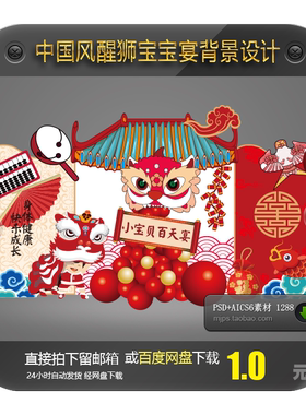 红色中国风醒狮中式舞狮宝宝宴周岁生日派对舞台背景矢量设计素材