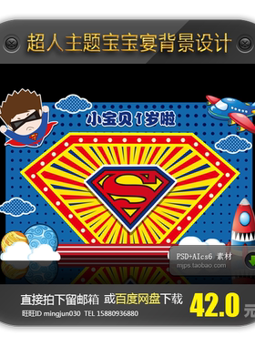 超人宝宝生日满月百天周岁宴拍照合影舞台背景板图案派对设计素材