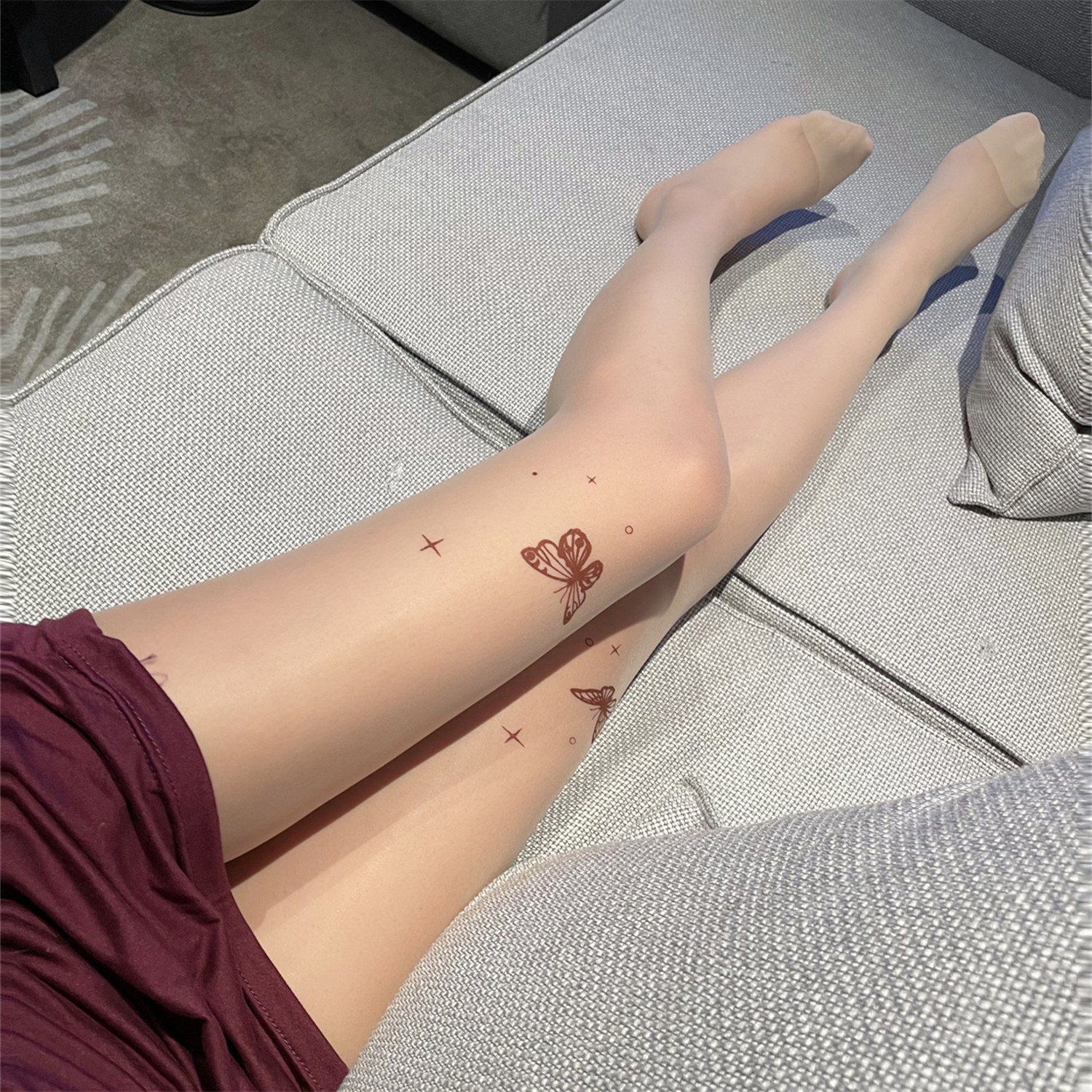 亚文化印花蝴蝶丝袜女薄款性感肤色肉丝纯欲风连裤袜jk美腿打底袜