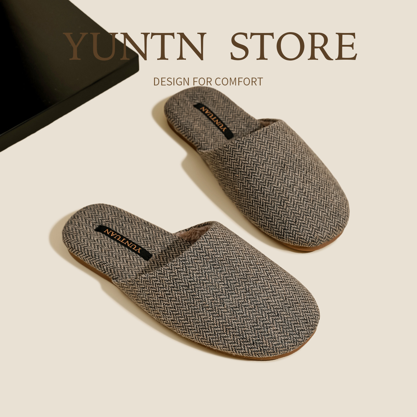 羊毛混纺人字纹粗花呢棉拖鞋