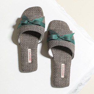 女防滑牛筋底家用居家男 夏季 小众法式 蝴蝶结亚麻情侣四季 棉麻拖鞋