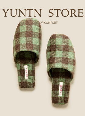 秋冬季绒面高级感棋盘格保暖情侣棉拖鞋女室内牛筋底防滑居家鞋男