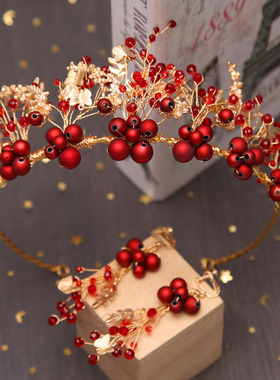 新娘头饰超仙大气结婚皇冠红色发箍套装森系仙美发饰中式礼服饰品