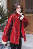 红色羊羔毛拼接短款外套女2023年新款炸街小个子加绒加厚棉衣棉袄，女装皮草，安雅