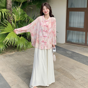 新中式套装 粉色桃花上衣+白色阔腿裤 286-2611-P175-K270图片