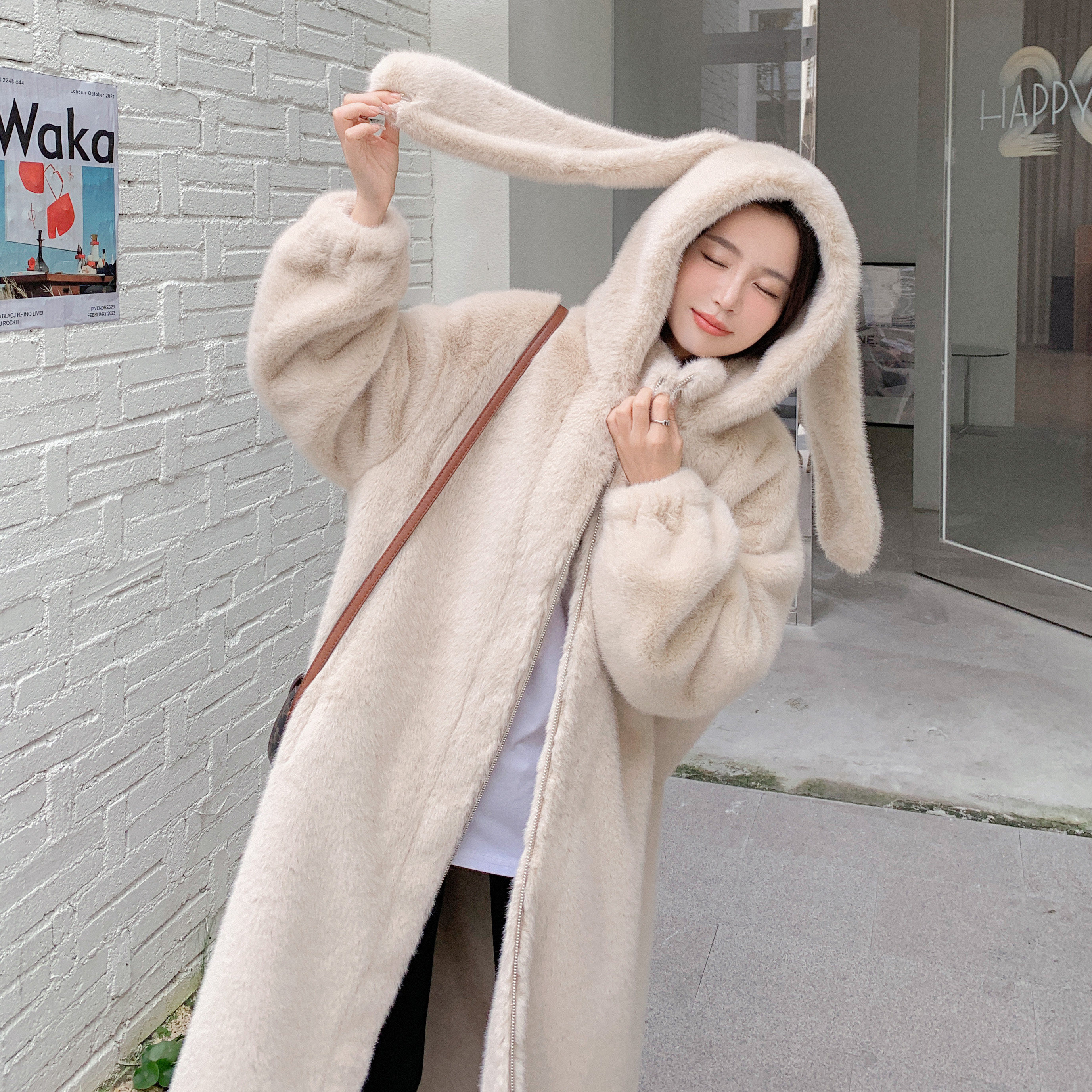 现货兔耳朵皮毛一体仿貂绒长外套286-768-P255-K388,女装皮草,安雅