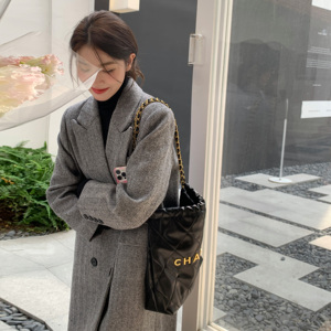 灰色人字纹毛呢西装外套女秋冬中长款气质高级感英伦正肩呢子大衣图片