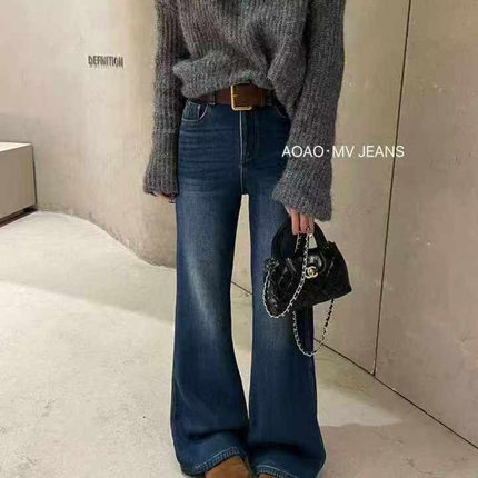 MV855-56韩国蓝高腰复合绒微喇叭牛仔裤女2025冬弹力休闲直筒长裤