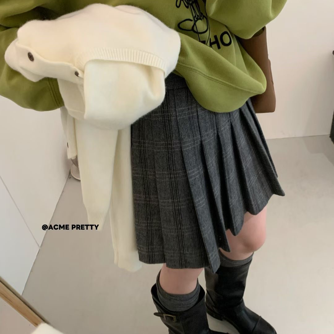 复古格子半身裙胖mm高腰百褶裙