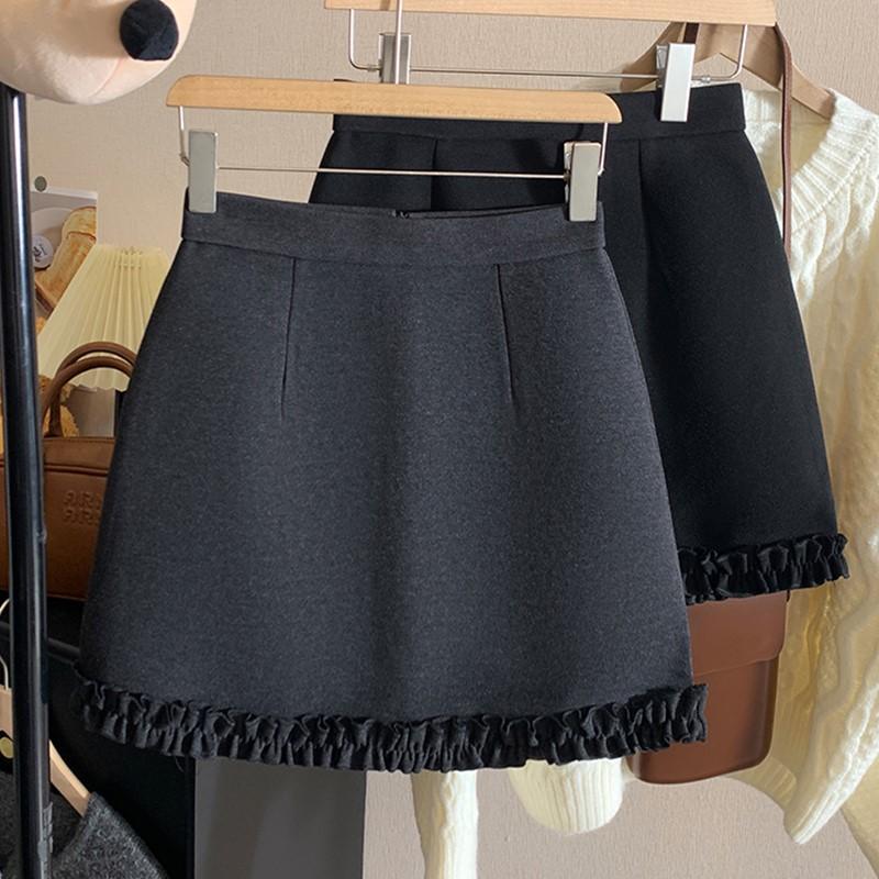 大码毛呢半身裙拼接木耳花边短裙