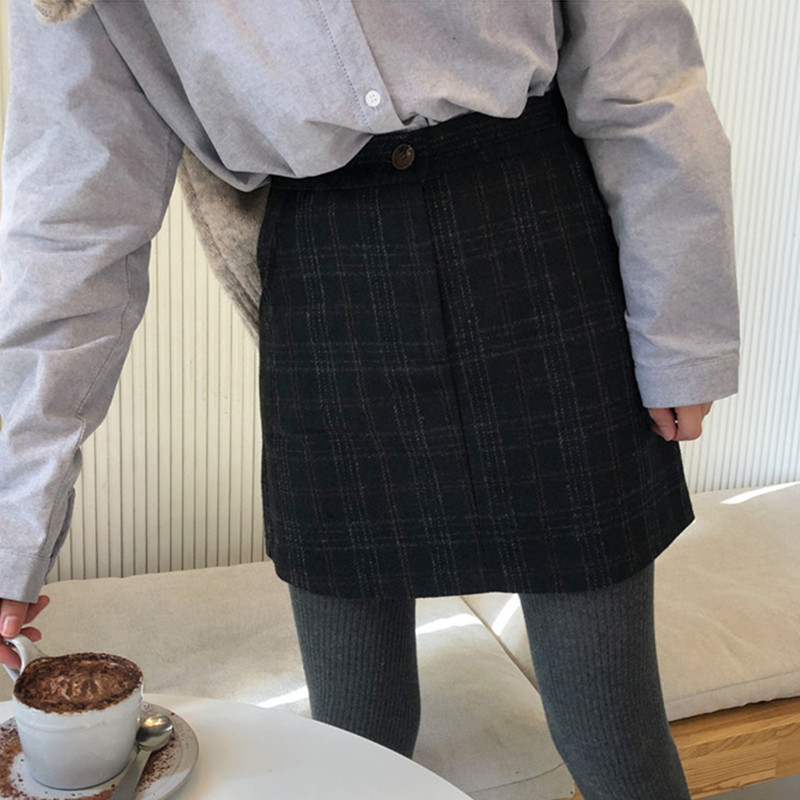 大码格子短裙秋冬松紧腰a字口袋