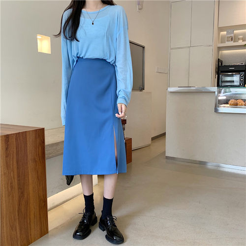 松紧腰开叉显瘦垂感裙