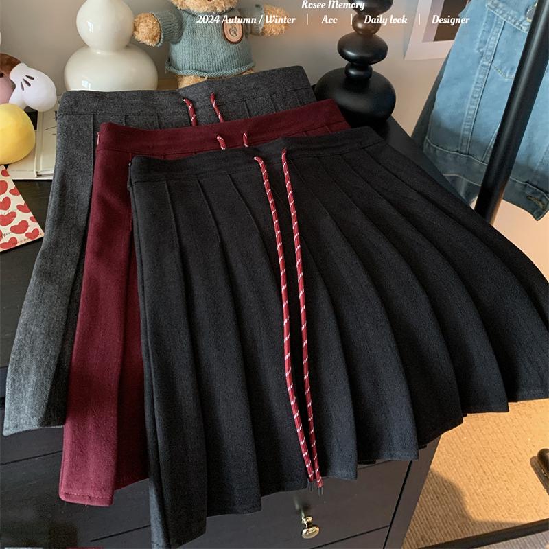 大码学院风毛呢百褶短裙女今年流行加厚抽绳高腰a字裙显瘦半身裙