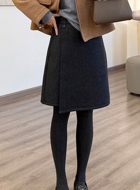 韩风高级感毛呢中裙女梨形身材遮肚半身裙裤大码加厚不规则a字裙