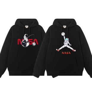 豆小萌联名NASA宇航员钓鱼扣篮衣服新款加绒加厚卫衣男连帽外衣外