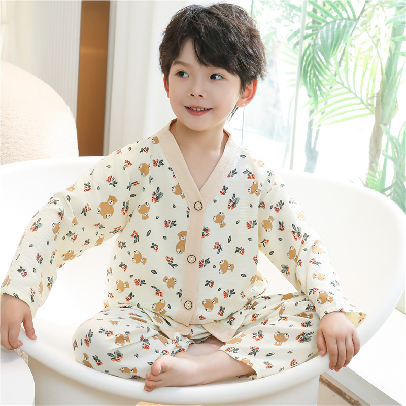云朵棉儿童睡衣夏季薄款男童女童家居服中大童小男孩开衫长袖套装