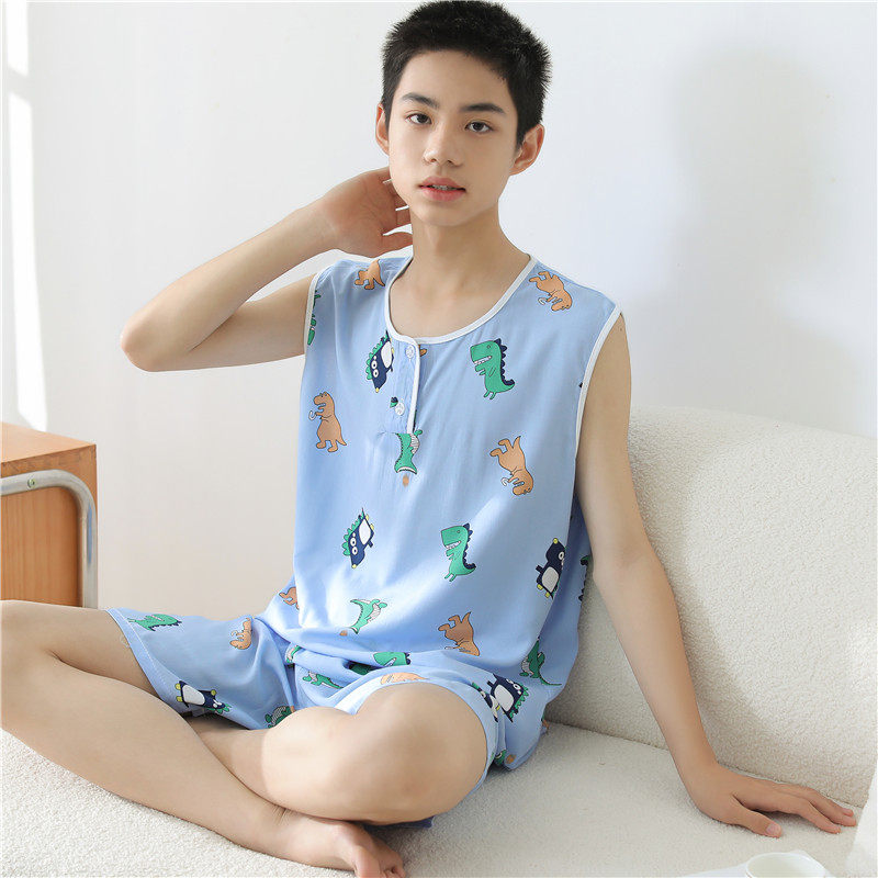 棉绸睡衣男套装青少年男款