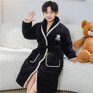儿童睡衣冬天男童珊瑚绒男孩法兰绒特加厚中大童连帽保暖睡袍冬季