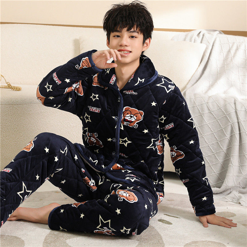 2023年珊瑚绒男款睡衣男士春秋冬季新款夹棉加厚青少年冬款家居服