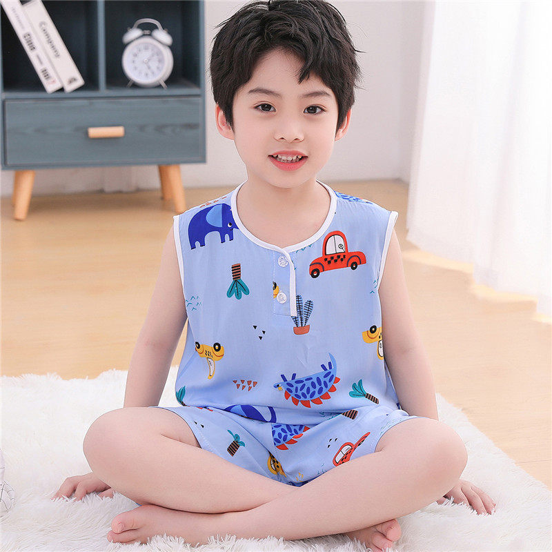 夏季睡衣绵绸男童小孩无袖家居服