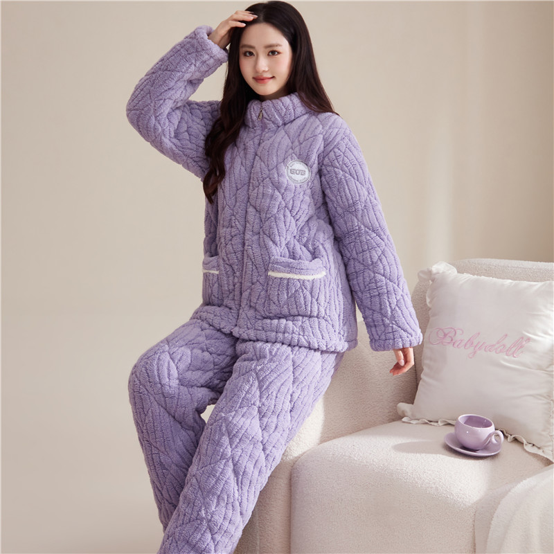 睡衣女冬季三层加厚珊瑚绒夹棉袄韩版可爱保暖加绒女士家居服套装
