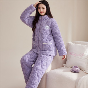 睡衣女冬季三层加厚珊瑚绒夹棉袄韩版可爱保暖加绒女士家居服套装