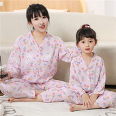 家居服套装 春秋儿童睡衣女童棉绸宝宝长袖 女孩绵绸亲子装 薄款 夏季