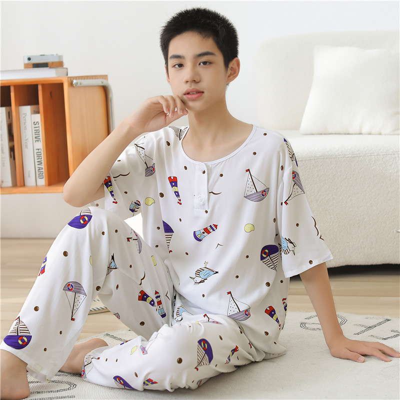 儿童睡衣男孩棉绸套装男大童青少年夏季绵绸初中生男款家居服男童