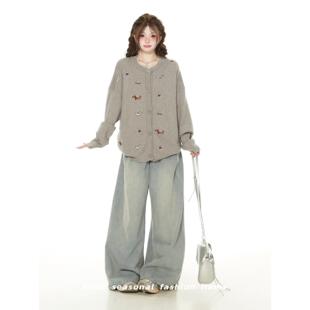 可爱小狗刺绣韩版宽松针织开衫女秋季2025新款高级感覆古毛衣外套