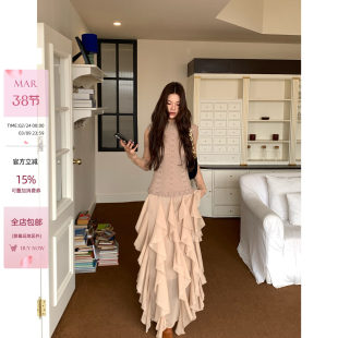 马儿MAR 复古绵羊毛针织手钩花拼接长款 无袖 连衣裙女层次裙摆 法式
