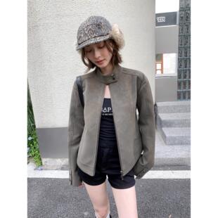 皮夹克 皮衣外套女2025秋显瘦百搭短款 AUNP 覆古灰绿棕色立领修身