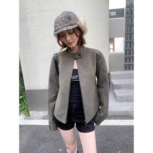 AUNP覆古灰绿棕色立领修