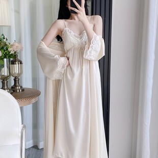 新款睡衣女春秋冰丝长袖睡袍法式夏季蕾丝吊带睡裙带胸垫家居服