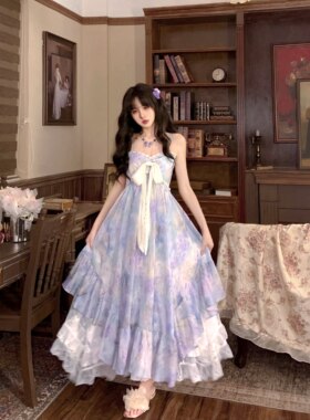 Bull0313【一个叁】莫奈花园 绝美晕染油画吊带裙大裙摆连衣裙夏