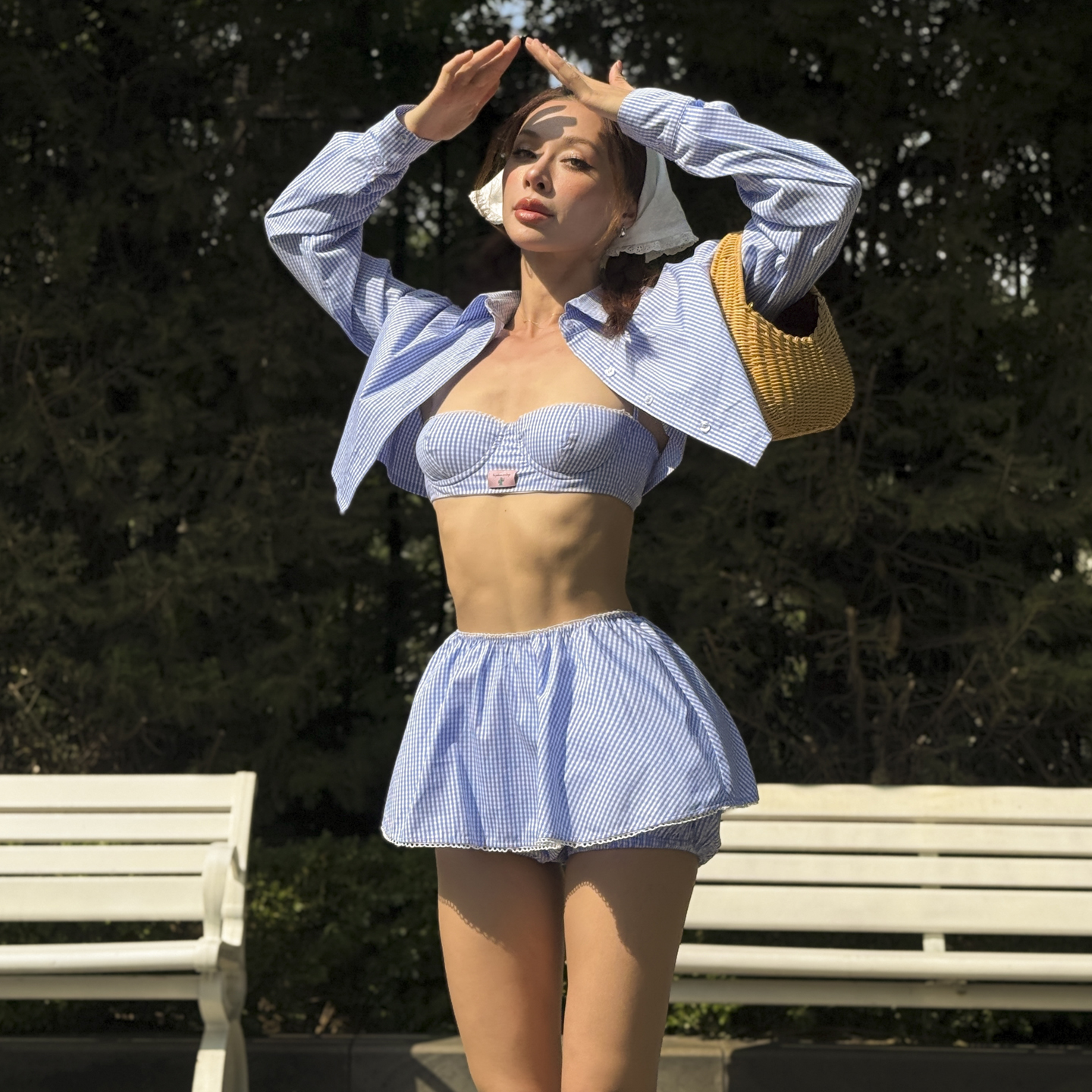 le palais vintage法式复古辣妹格子短衬衫 荷叶边短吊带