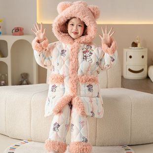 女童睡衣冬季卡通连帽三层夹棉加厚可外穿中大童可爱家居服套装