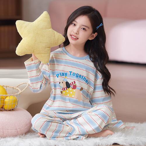 女童纯棉春秋条纹家居服套装
