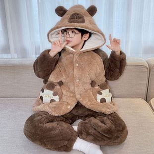 卡通女童睡衣秋冬季加绒加厚三层夹棉保暖可外穿中大童家居服套装