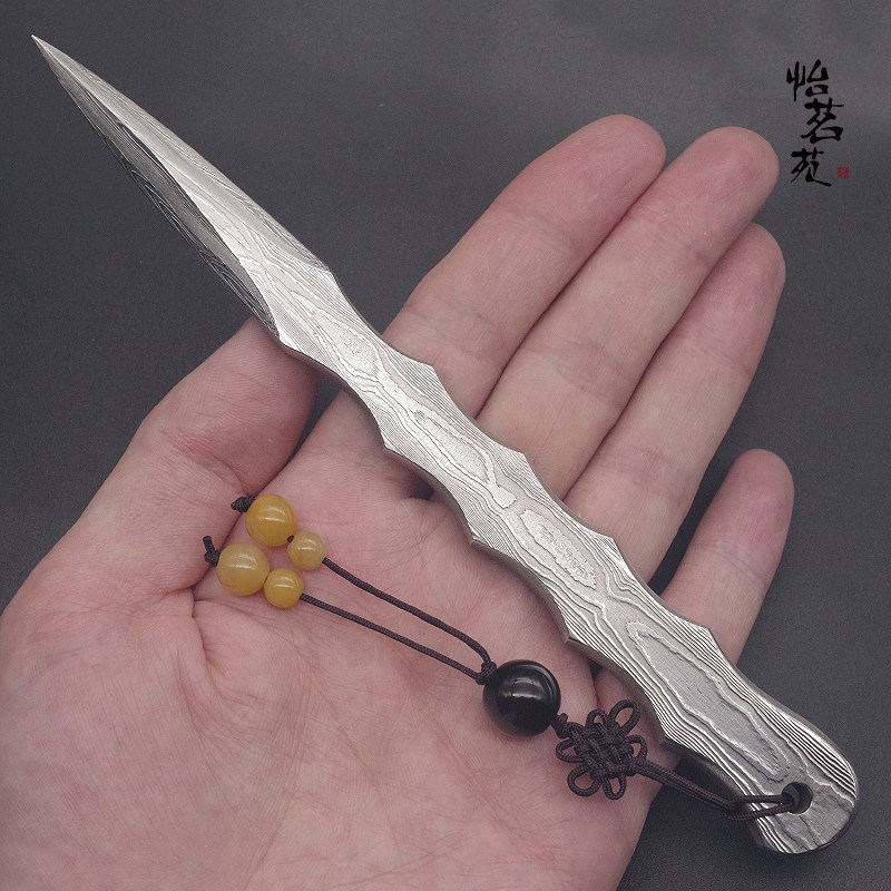 龙泉手工锻打不锈大马士革花纹钢撬普洱饼茶刀开黑茶砖针专用工具