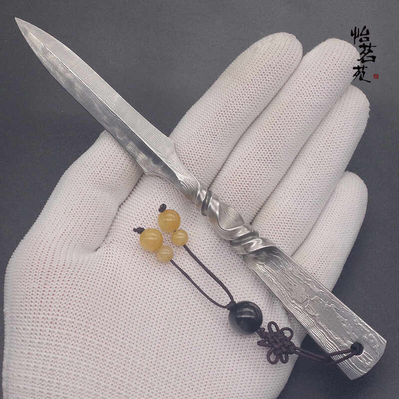 龙泉手工锻打不锈大马士革花纹钢茶刀茶针撬茶饼切开茶砖专用工具