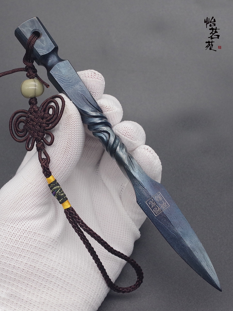 龙泉手工家用撬茶刀 普洱茶专用茶针茶刀 百炼花纹钢折叠锻打茶刀