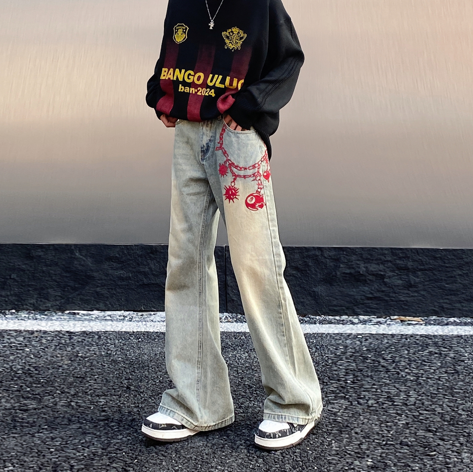 刺绣黄泥染牛仔裤vibe微喇叭长裤