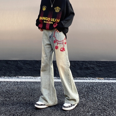 刺绣黄泥染牛仔裤vibe微喇叭长裤