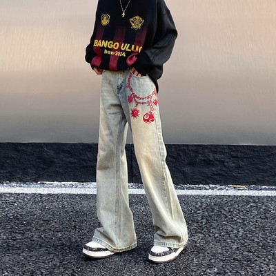 刺绣黄泥染牛仔裤vibe微喇叭长裤
