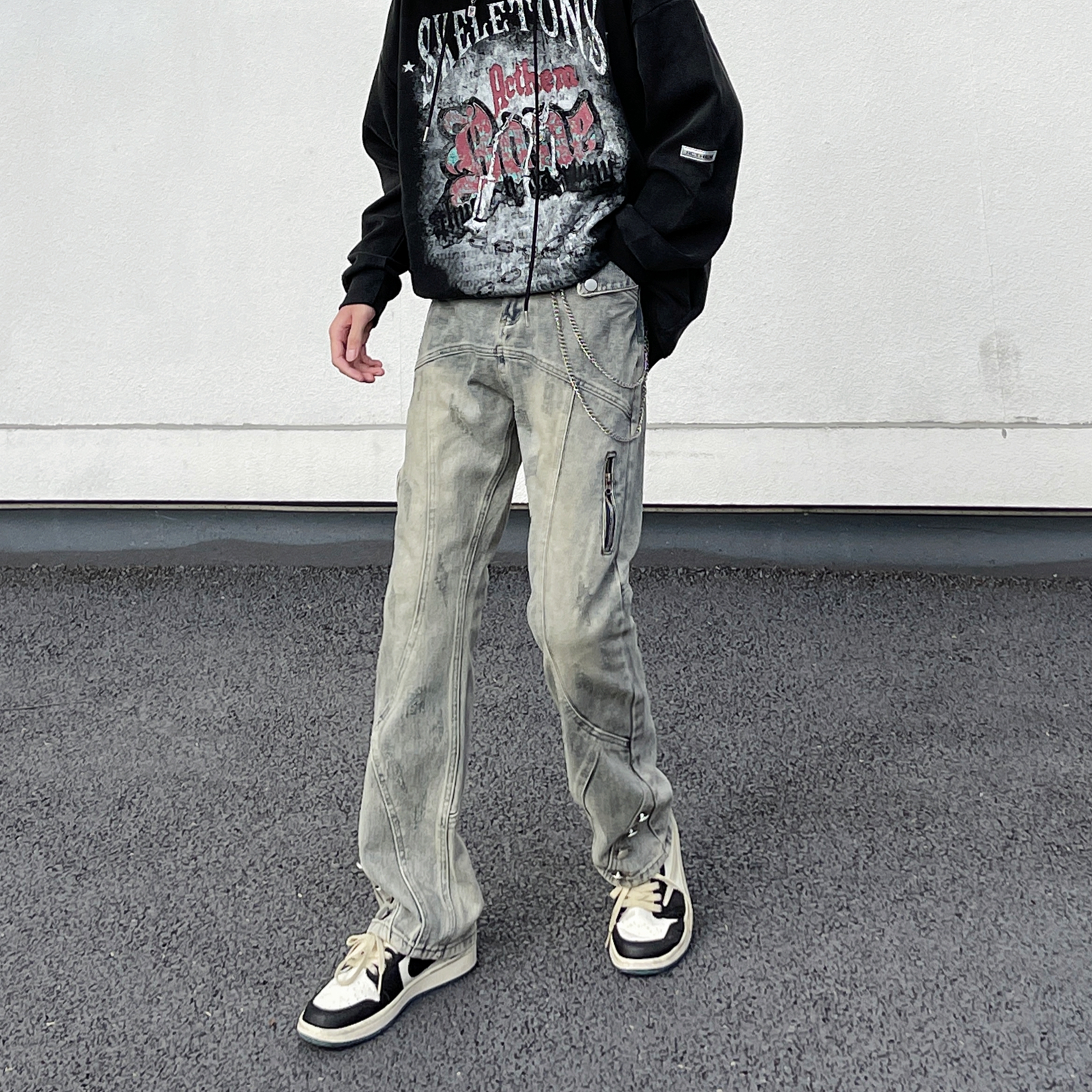 设计感复古水洗做旧牛仔裤