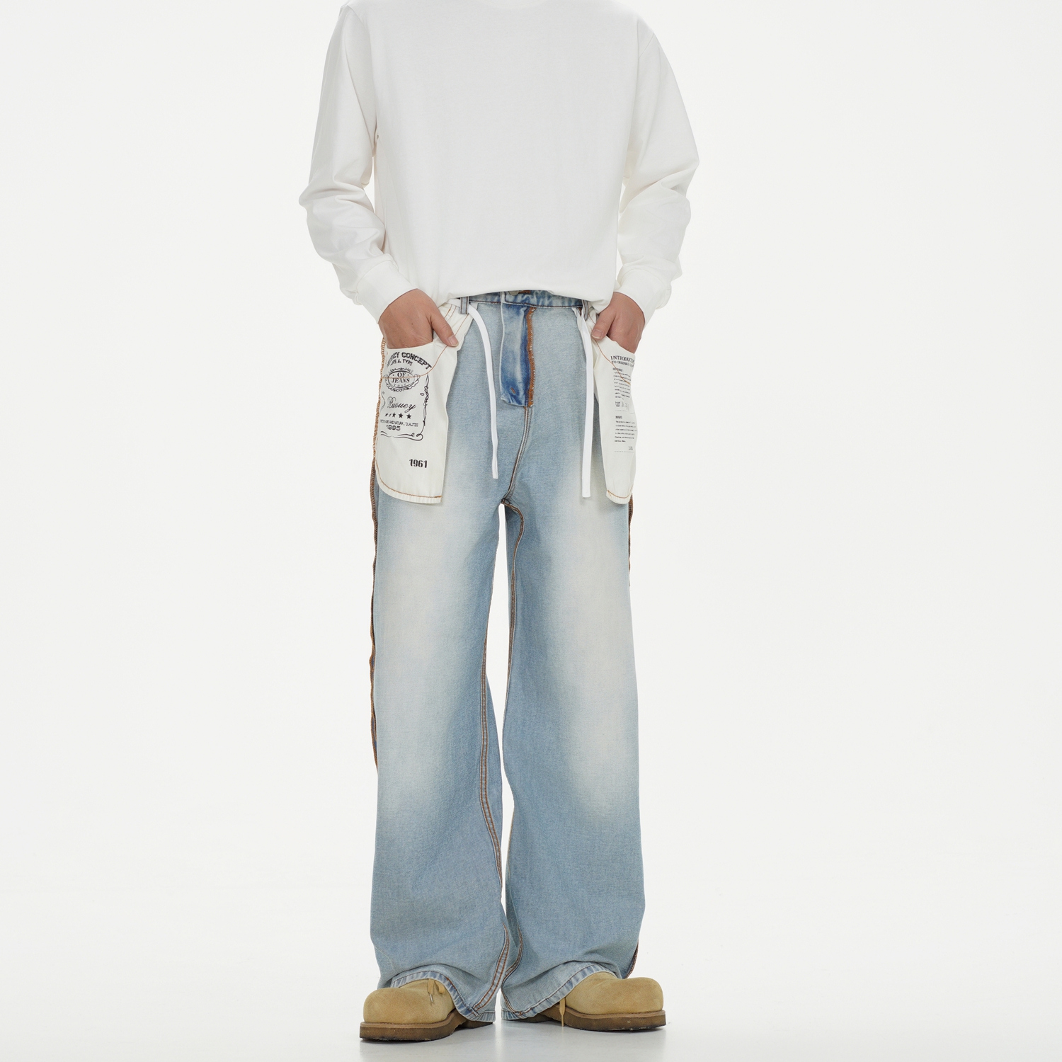 翻面反穿vintage牛仔裤复古长裤